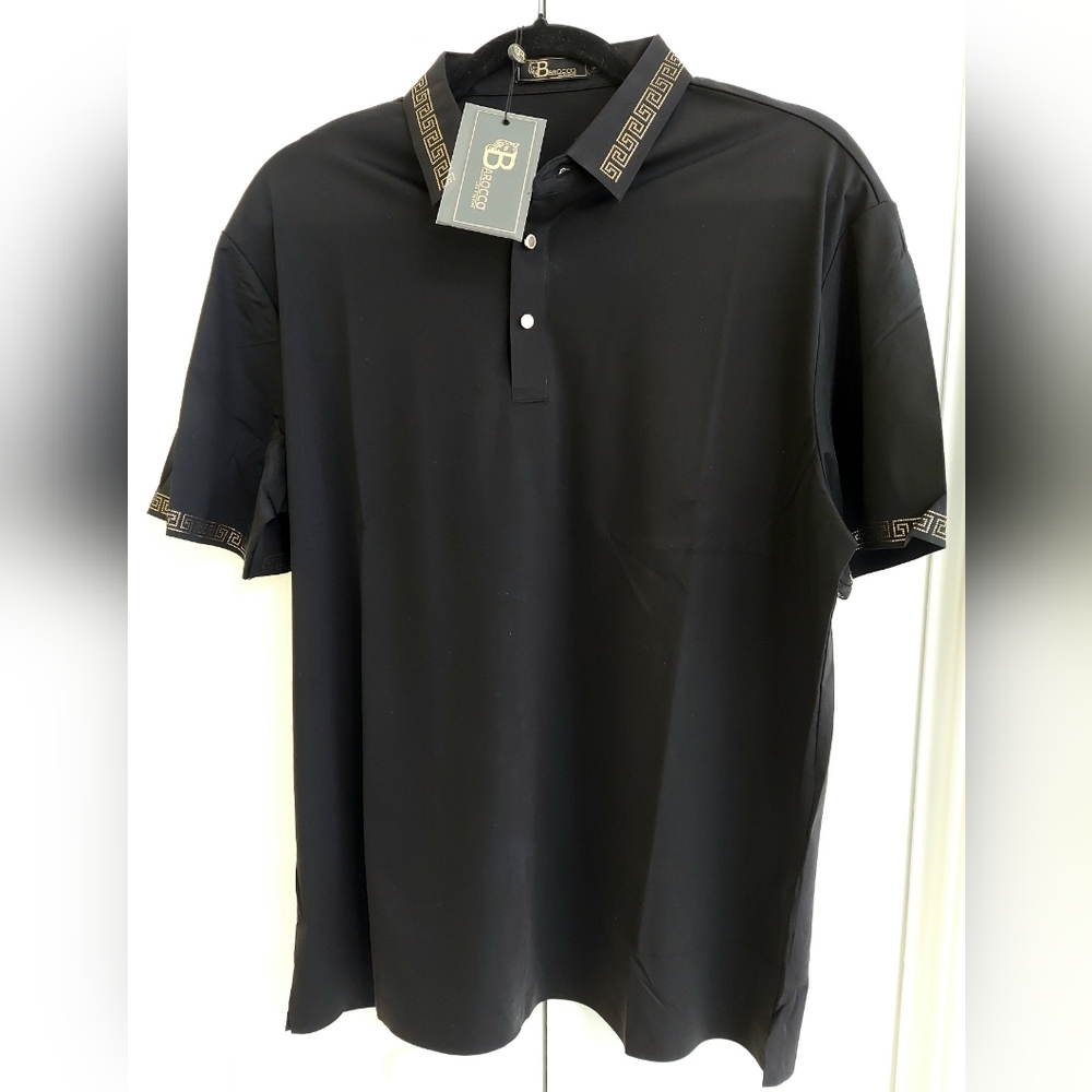 Barocco Polo Shirt, Size XL, Black, Greek Key Gold Accent